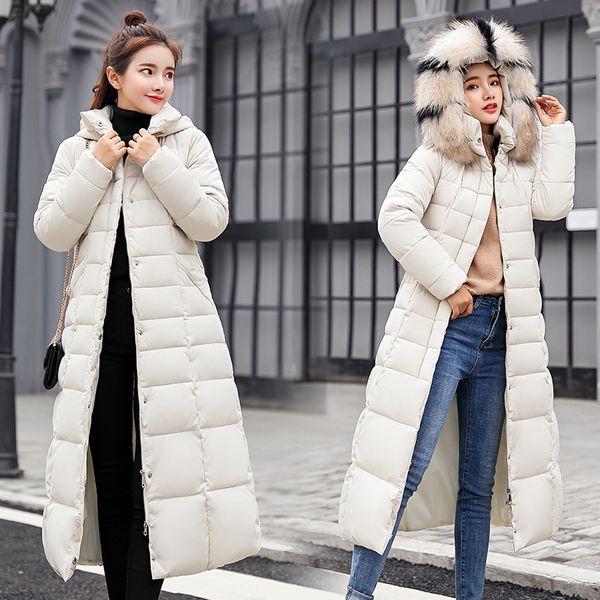 

2019 new arrival big fur long coats parkas slim x-long women winter jacket cotton padded warm thicken ladies coat beige, Black