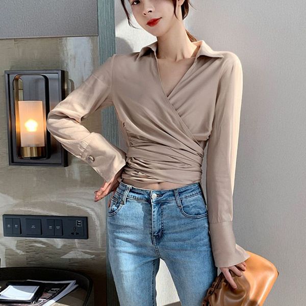 

ewq] 2020 воротник лето новые нагрудные длинные рукава высокой талией casaul женщины блузке и топы корейский повседневная рубашка монтажн e, White