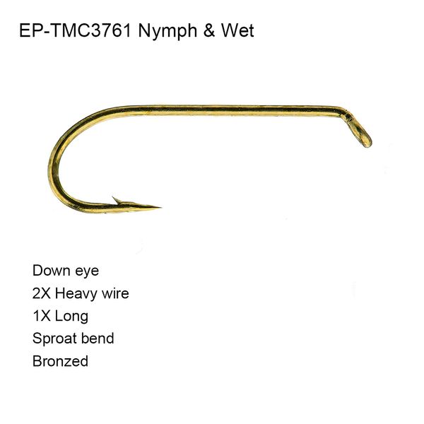 

eupheng 100pcs ep-tmc3761 wet and nymph fishing hook bronze color 2x heavy 1x long sproat bend quality fish hooks