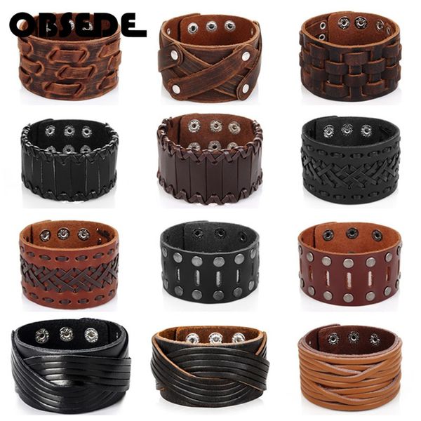 

new fashion men wide genuine leather bracelet brown wide cuff bracelets & bangle wristband vintage punk jewelry clasp, Golden;silver