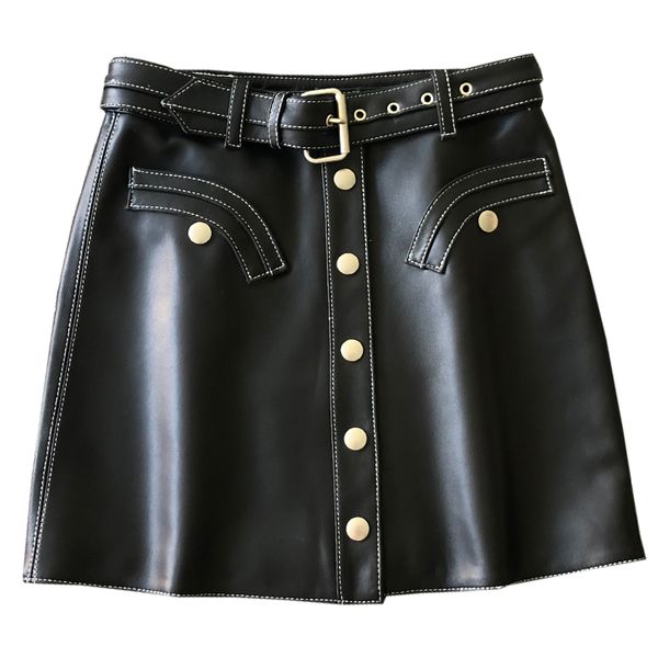 

женщины высокого качества натуральная кожа юбки 2019 осень новый бренд дизайнер a-линия юбка высокой талии овчины кожаный пояс юбки a785, Black