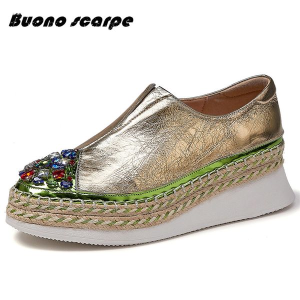 

2020spring genuine leather platform women flats slip on sports casual shoes woman blingbling crystal women sneakers, Black