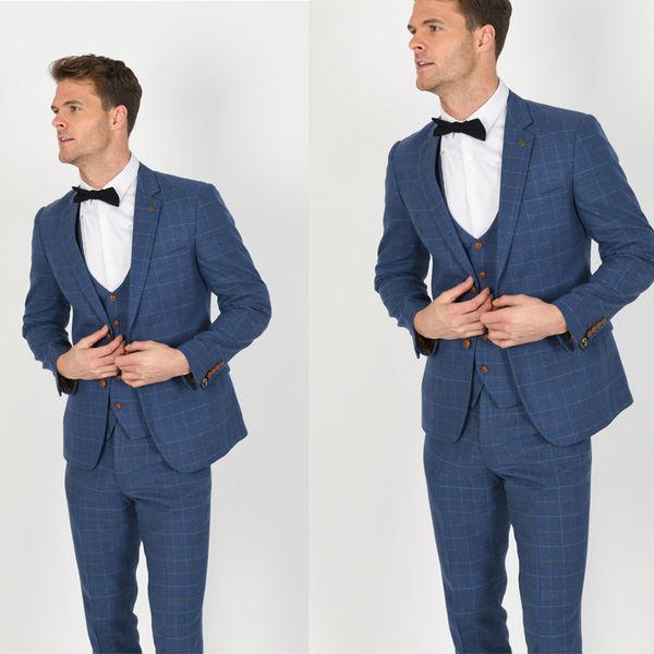 Smoking da sposa a quadri blu Abiti slim fit per uomo Groomsmen Suit Tre pezzi Prom formale Blazer da uomo migliore (giacca + gilet + pantaloni)