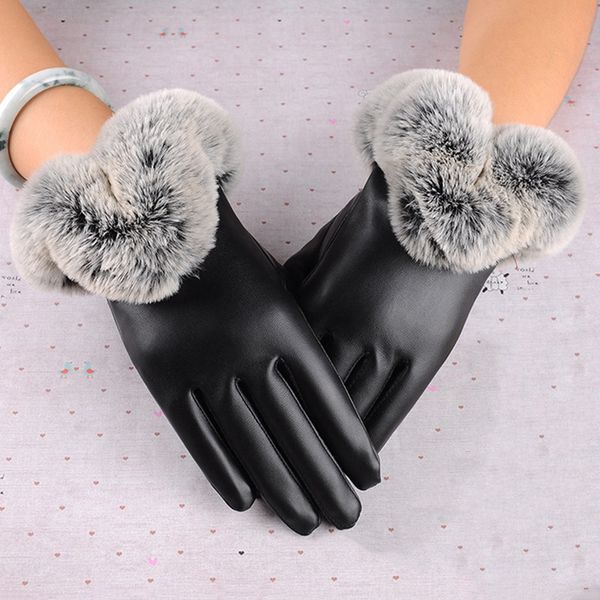 

women warm thick winter gloves leather elegant girls brand mittens size with fur female touch screen gloves, Blue;gray