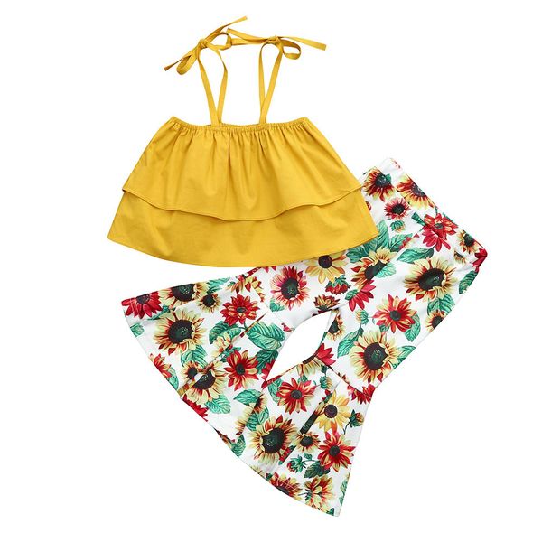 

оптовые дети дизайнер одежды девочки 2шта сборка обрезка бретель top подсолнух печать волан брюки обмундирований девочку дизайнер одежда by1, White