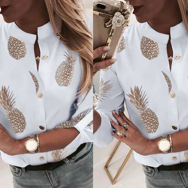 

women pineapple print blouse button shirts women autumn long sleeve leisure womens and blouses basic blusa, White