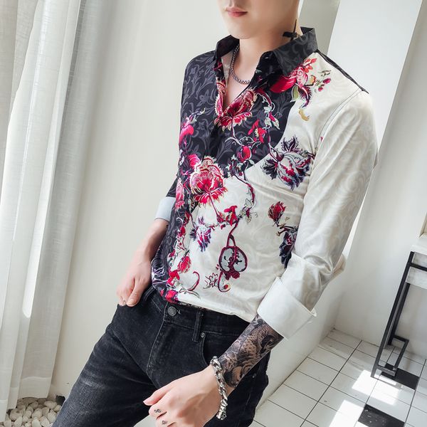 

men's casual shirts fancy men slim fit camisa social masculina autumn club party prom shirt flower print clothes, White;black