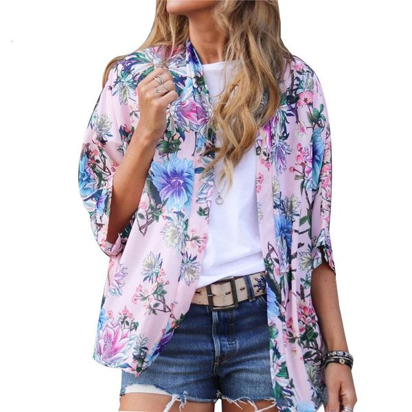 

floral print chiffon women blouse summer casual beach cardigan kimono shirt half sleeve tailored collar loose and blouses, White