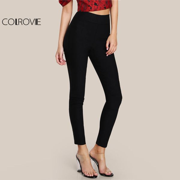 

colrovie black solid high waist skinny long pants women 2020 spring fashion elastic waist casual pants office pencil trousers, Black;white