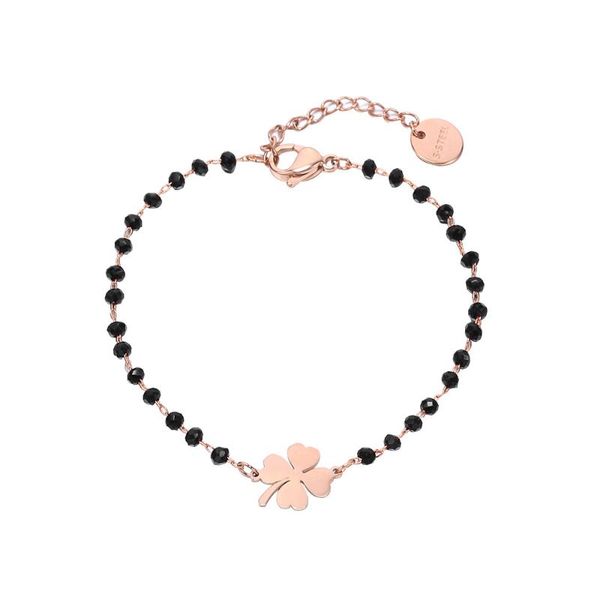 

rose gold clover stainless steel charm bracelets women's black crystal beads chain bracelet fashion jewelry 2019 joyas de mujer, Golden;silver