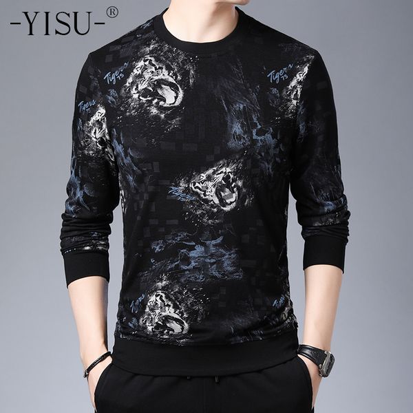 

men's hoodies & sweatshirts yisu cotton sweatshirt men autumn winter long sleeve knitted pullover pattern printed, Black