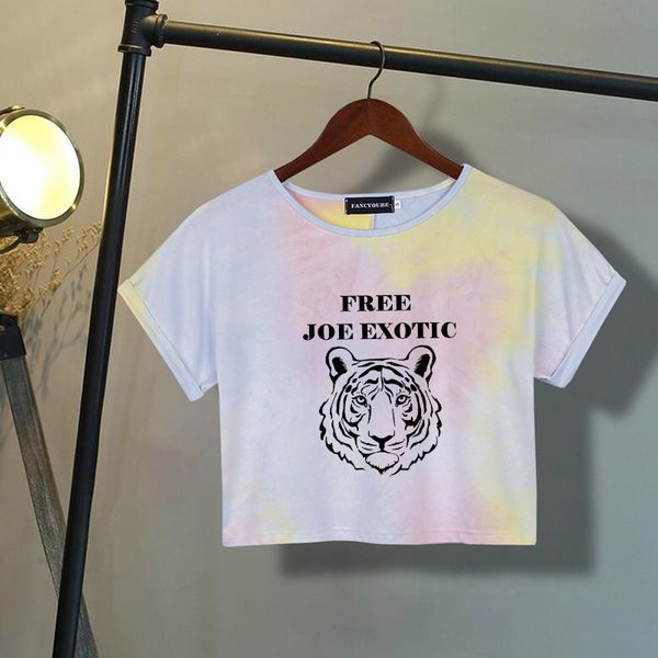 

joe exotic tiger king letter printed tie dye crop casual funny cute short sleeve summer beach tee shirt for women, White