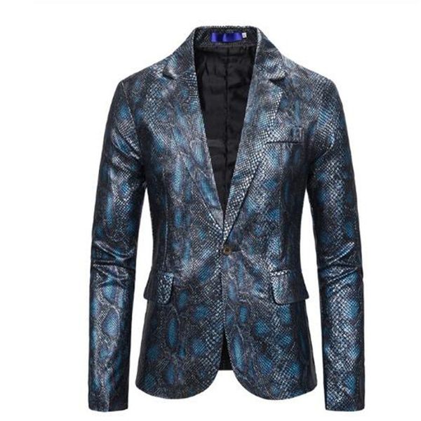 

2019 fashion punk python pattern men blue casual jacket animal pattern print groom jacket stage costumes singer host musician, White;black