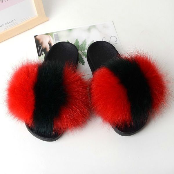 

women real fox fur slippers feather vegan leather flip flops open toe single strap slip on sandal shoes woman home fluffy slides, Black