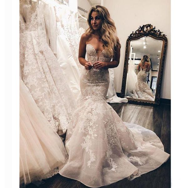 

sweetheart mermaid wedding dresses 2019 ruffles cathedral train full lace applique trumpet fishtail garden bridal gowns, White