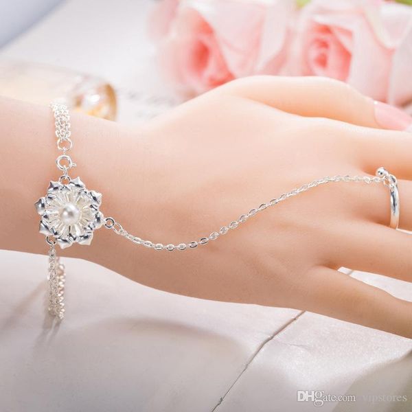 

luxury pearl flower bangle bracelets with ring jewelry silver plated flower charm chain ring bracelets cuff wristband finger ring for women, Golden;silver