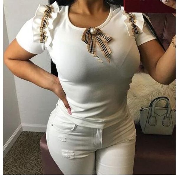 

2019 новый взрыв жемчужная лента лук два цвета пальто футболка, White