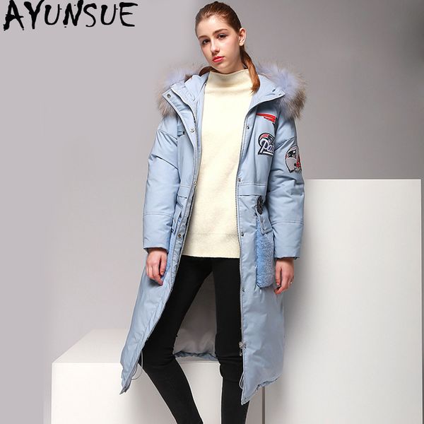 

ayunsue 2019 european winter white duck down jacket women long ladies down coat racoon fur collar pink parka veste femme kj733, Black