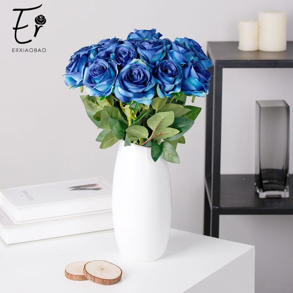 

erxiaobao 10 pieces/lot gradient rose artificial flowers blue red yellow fake silk wedding flower fall decorations for home