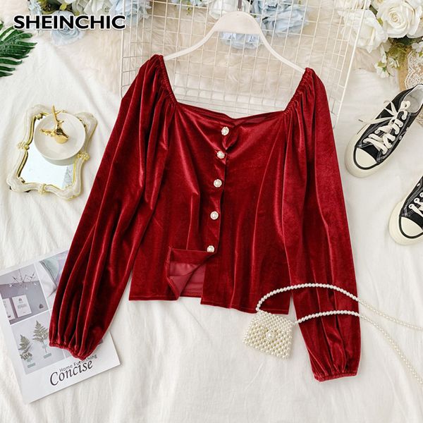 

women's blouses & shirts 2021 autumn women blouse elegant single breasted pearls button vintage blusas casual red/black/white t