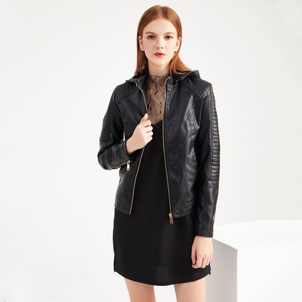 

women's leather & faux 2021 autumn winter cashmere jacket women korean style plus size hooded slim casual outwear coat femme kurtka dam, Black