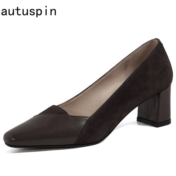 

autuspin women genuine leather pumps shoes 2020 autumn female casual thick heels fashion office dress shoes black brown 33-40