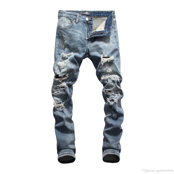 

2020 новый мужской рваной патч джинсы молодежные тонкий небольшой ноги мотоцикла брюки в складку моды брюки мотоциклов, Blue