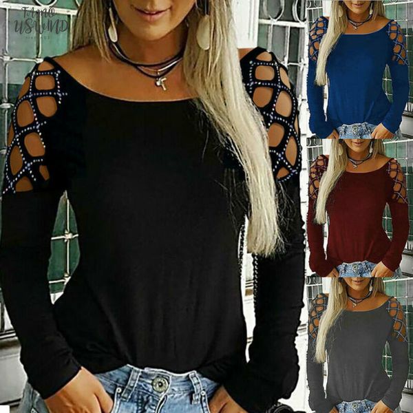 

brand new womens t shirts hollow out long sleeve loose casual autumn casual sequined skinny solid fashion 2020, White