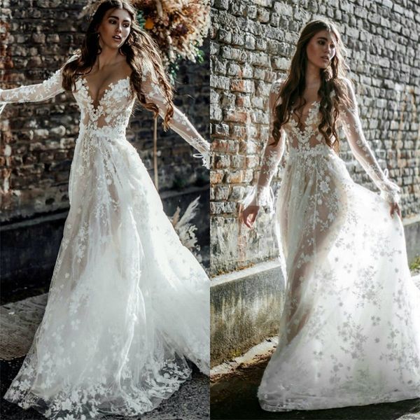 

floral long sleeves wedding dresses v-neck appliqued lace boho bridal gown illusion sweep train ruched tulle robes de mariÃ©e, White