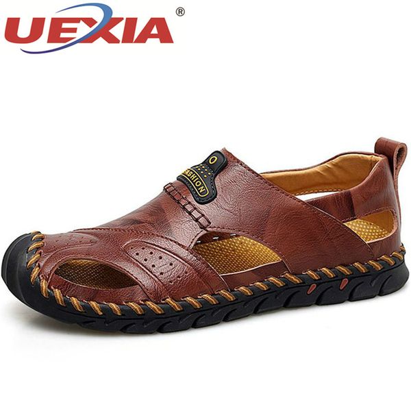 

uexia men leather beach sandals 2019 summer outdoor shoes for male breathable handmade casual footwear slip on walking sandals, Black