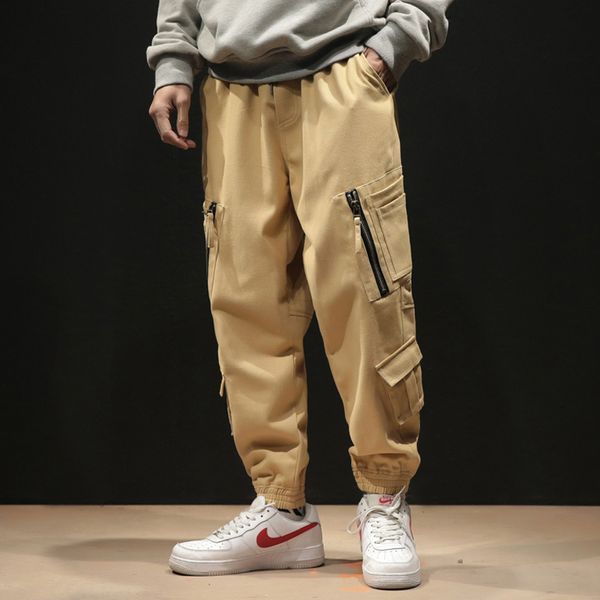 

men's pants 2021 hip streetwear cargo work joggers cotton elastic waist zippers multi pockets harem pant men sweatpants, Black