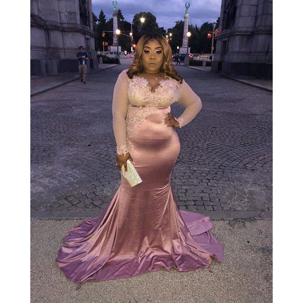 

arabic aso ebi blush pink mermaid prom dresses african deep v neck long sleeves plus size evening gown long formal bridesmai dress, Black