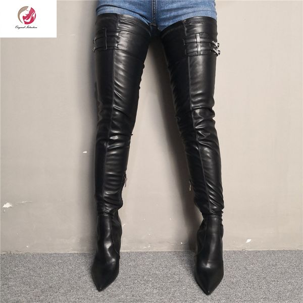 

original intention super over-the-knee boots woman pointed toe white thin heels boots fashion black shoes woman plus size