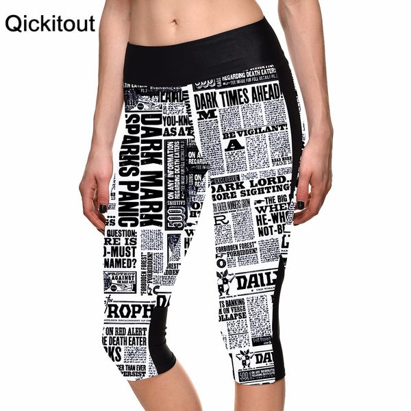 

wholesales women's 7 point pants letter posters newspaper digital print women high waist side pocket phone pants, Black;white