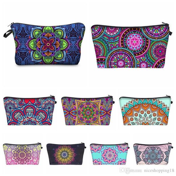 

lowprice purse bohemia mandala floral 3d print cosmetic bags women travel makeup case women handbag zipper cosmetic bag flower printed bag, White