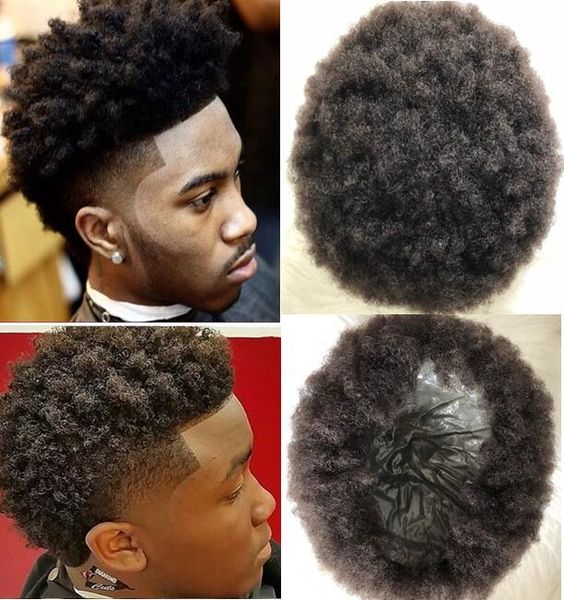 2019 Full Tink Skin Mens Hairpieces Afro Curl Full Pu Toupee Brown