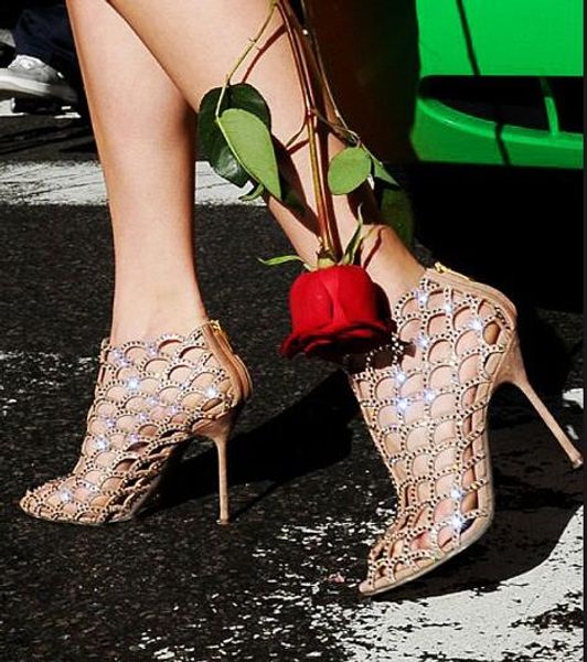 

Топ дизайнер ню черные женские босоножки с вырезом полые кристалл русалка ботильоны тонкий каблук свадебные туфли невесты клетка бути