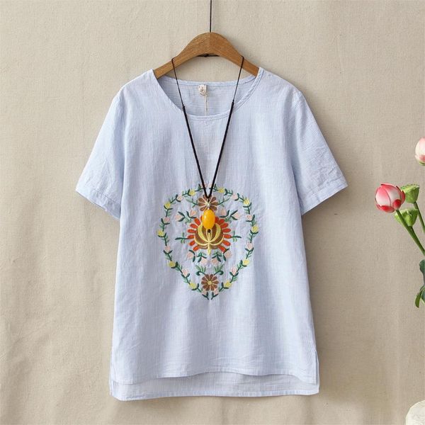 

summer new national style embroidery linen short-sleeved tees vertical striped t-shirt female casual o-neck loose tshirt, White