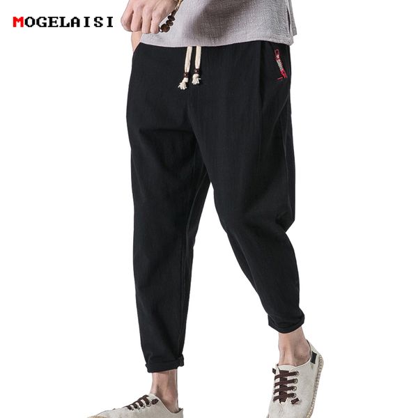 

plus size ankle length linen pants men harem pants flax embroidery solid linen cotton men's collapse trousers size m-5xl, Black