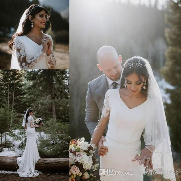 

country style elegant chiffon mermaid wedding dresses v neck long illusion sleeves sweep train wedding dress bridal gowns vestidos de novia, White