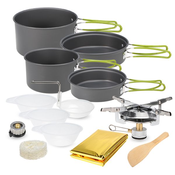 

lightweight aluminum outdoor stove tableware set pot pan plastic bowel outdoor cookware set for backpacking camping picnic