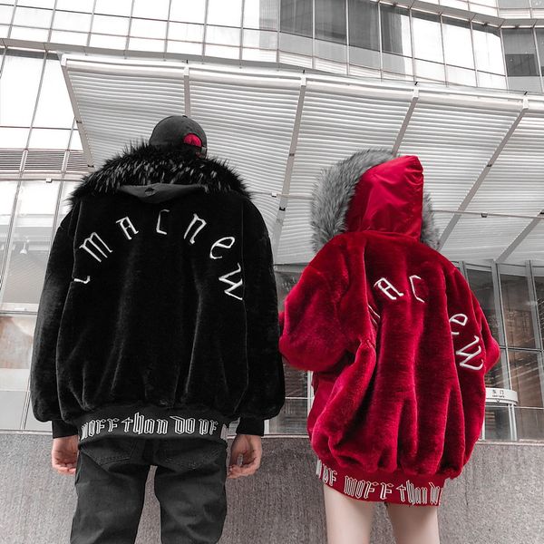 

2018 new cotton hooded jacket winter thick warm fur collar couple jacket parka hip hop loose clothing winter for men, Black