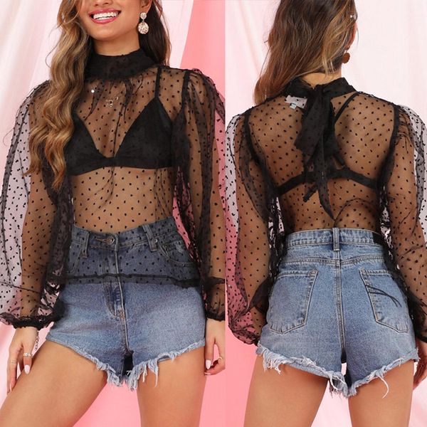 

women polka dot o neck lace see-through blouse long puff sleeve solid drawstring femmes blusas 2020 lady blouses, White