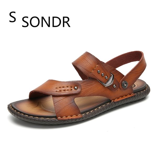 

men sandals 2019 summer flip flops man shoes leather slippers outdoor beach casual male water shoes roman sandalias hombre, Black