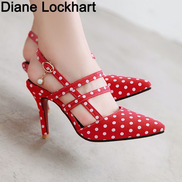 

shoes woman polka dot pointed toe sandals slip on high heel slides buckle pump 2019 summer zapatos mujer black white mixed color