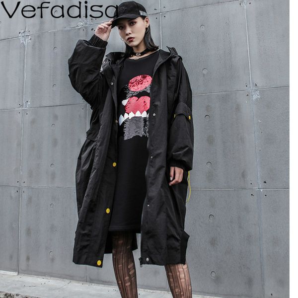 

vefadisa autumn casual cotton solid zipper coat loose long black hooded coat full sleeve wide-waisted woman 2019 qyf339, Tan;black