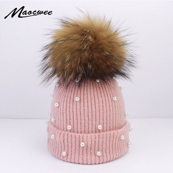 

women raccoon fur pompom hat cap with pearl autumn winter warm crochet wool beanies hat female soft solid black, Blue;gray