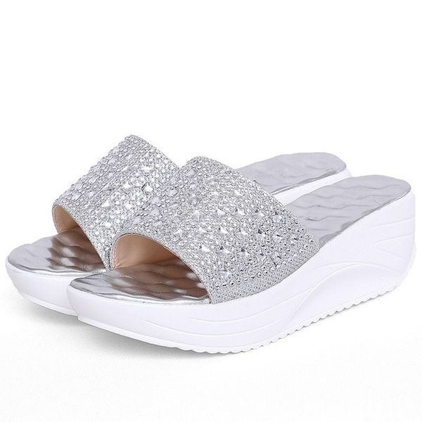 

women summer luxury shiny rhinestone slides flip flops thong toe ring wedge high platform slipper shoes plus size 35-39 3144, Black
