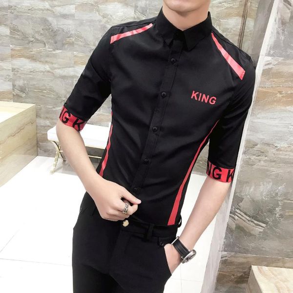 

men shirt spring summer slim fit casual social shirts dress 3/4sleeve letter print night club party shirts men 3xl, White;black
