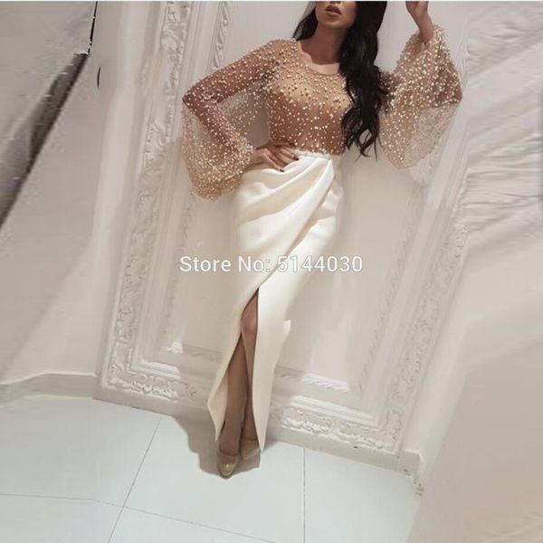 

elegant muslim evening dresses 2019 mermaid long sleeves pearls slit islamic dubai saudi arabic long formal evening gown, White;black